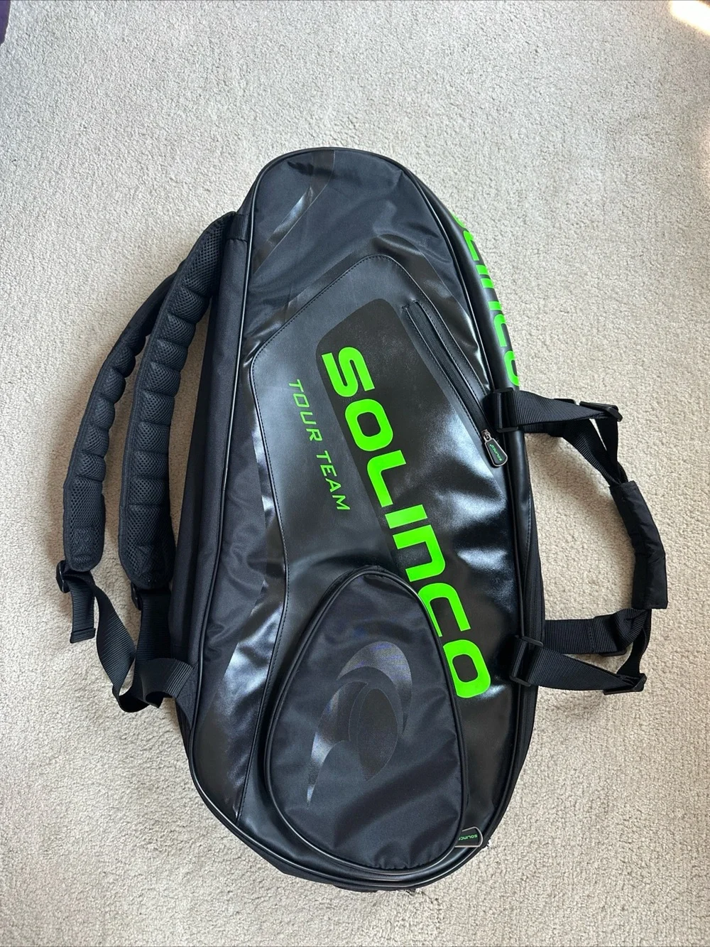 Solinco Tour Team Black & Neon Green Tennis Racquet Backpack 6 Pack Bag